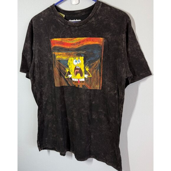 NWT Nickelodeon SpongeBob T-Shirt Large Black Acid Wash Short Sleeve Cartoon - Picture 1 of 7